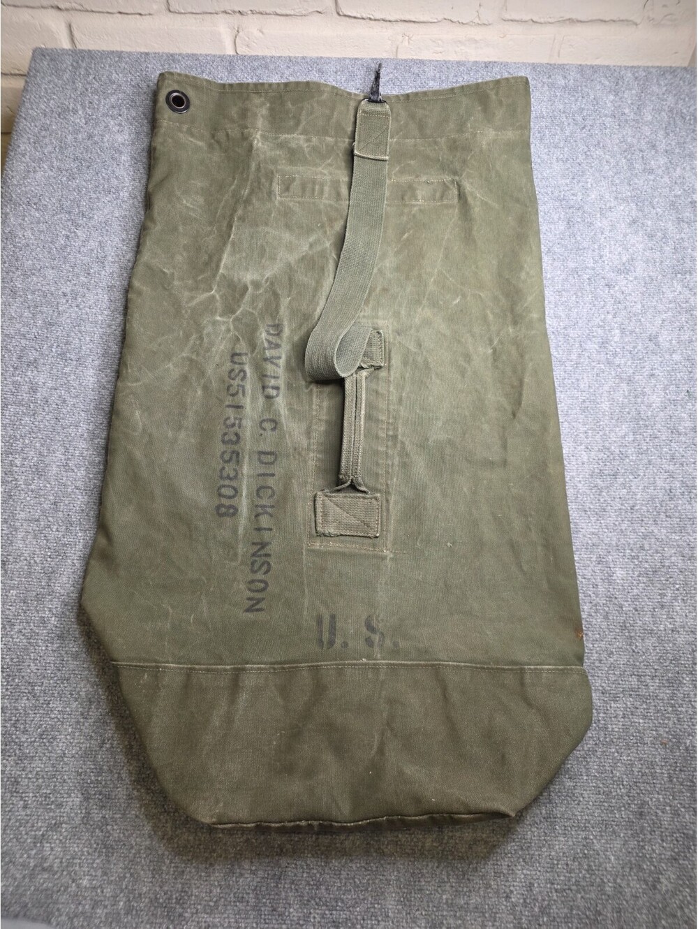 Vintage US Military Canvas Duffel Bag Top Load OD Green Named Stenciled USGI